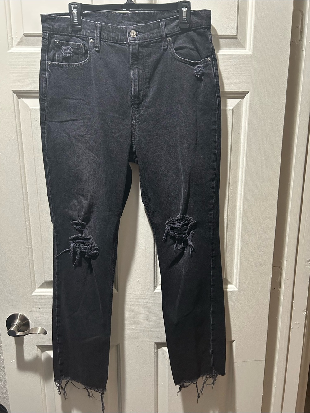 Gap Cheeky Straight High Rise Distressed Black Denim Jeans Waist 32 Size 14 Tall